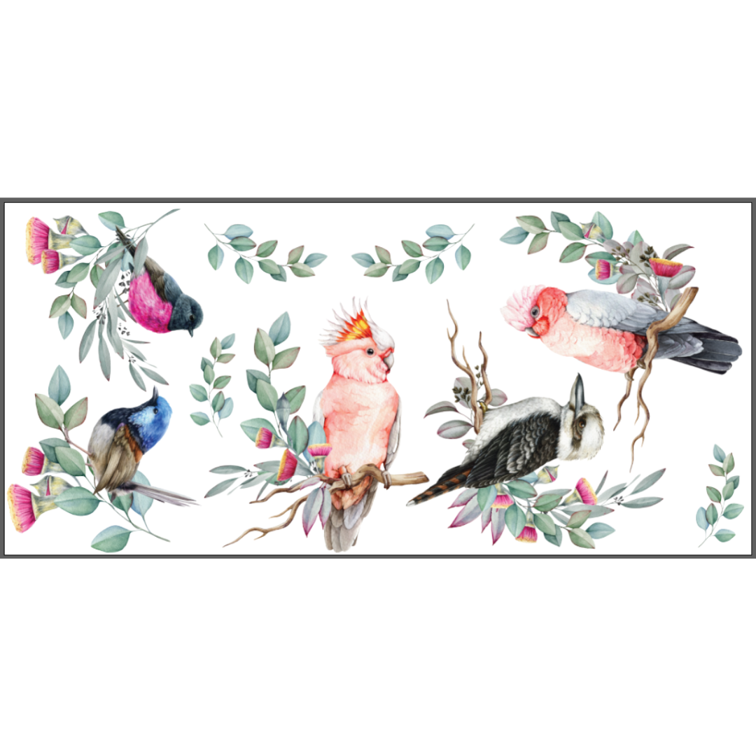 Illustration of colorful birds with floral and leaf elements on a white background