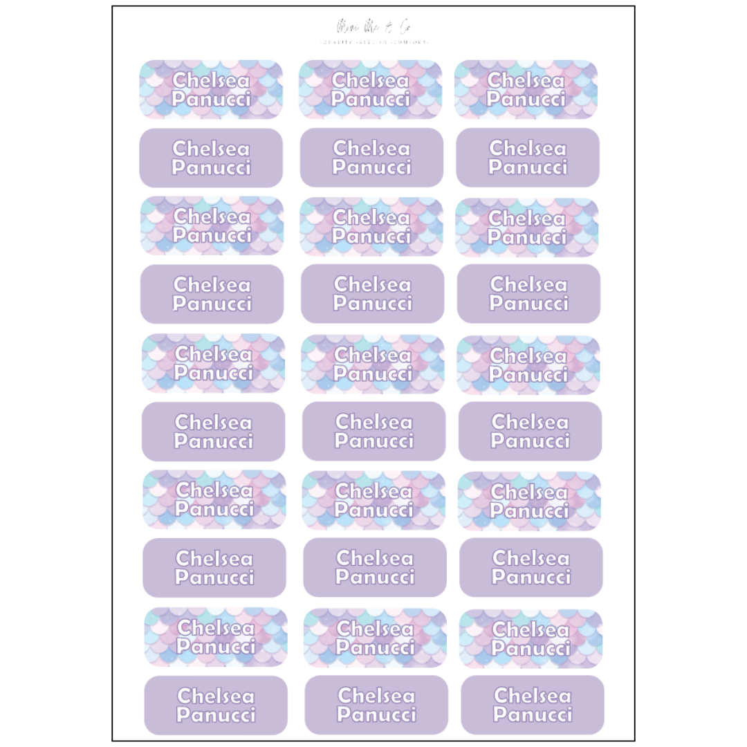Mermaid Scales & Purple Kids’ Name Label Stickers (55mm x 21.5mm – Pack of 30)
