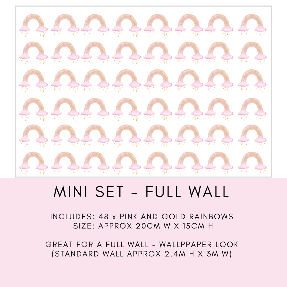 Colorful mini rainbow wall decals in pink and gold, ideal for creating a whimsical nursery or playroom.