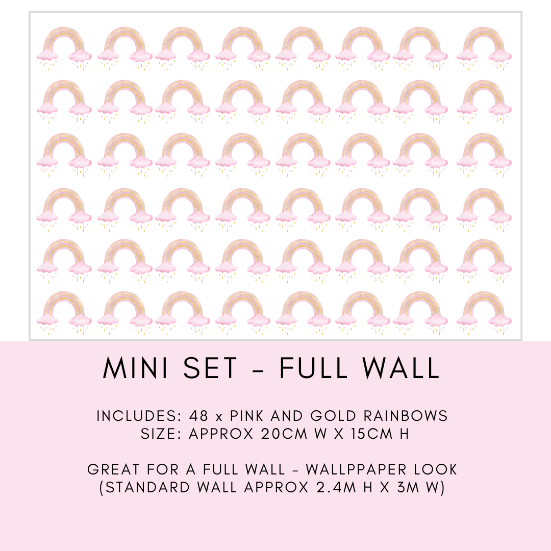 Colorful mini rainbow wall decals in pink and gold, ideal for creating a whimsical nursery or playroom.