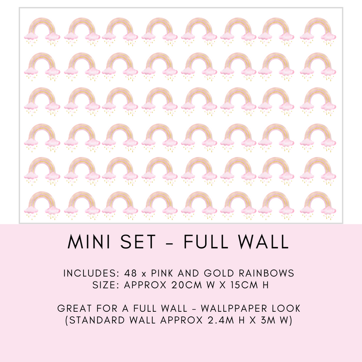 Colorful mini rainbow wall decals in pink and gold, ideal for creating a whimsical nursery or playroom.