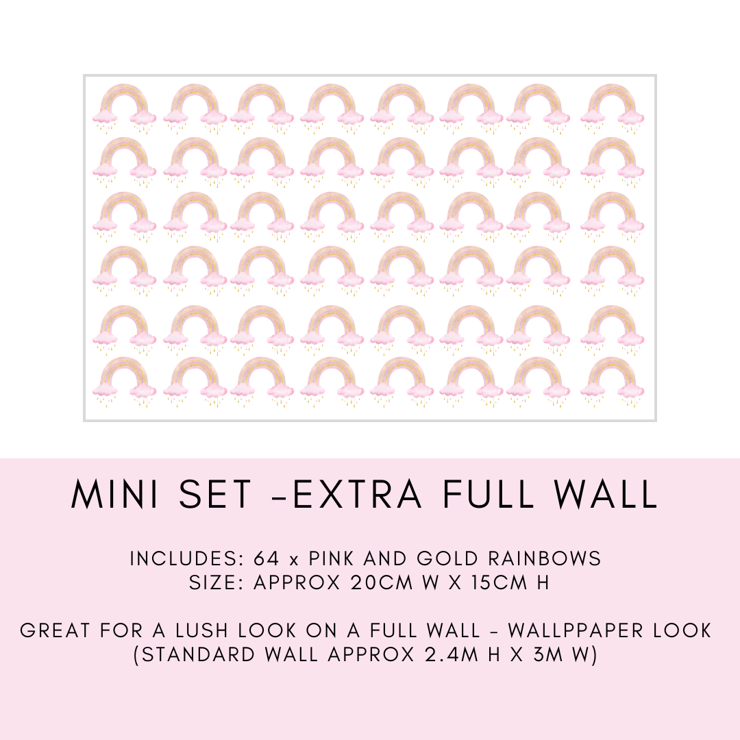 Mini Rainbow Decal Pack featuring charming pink and gold rainbows, perfect for decorating children's rooms