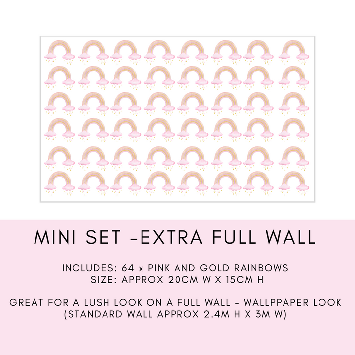 Mini Rainbow Decal Pack featuring charming pink and gold rainbows, perfect for decorating children's rooms