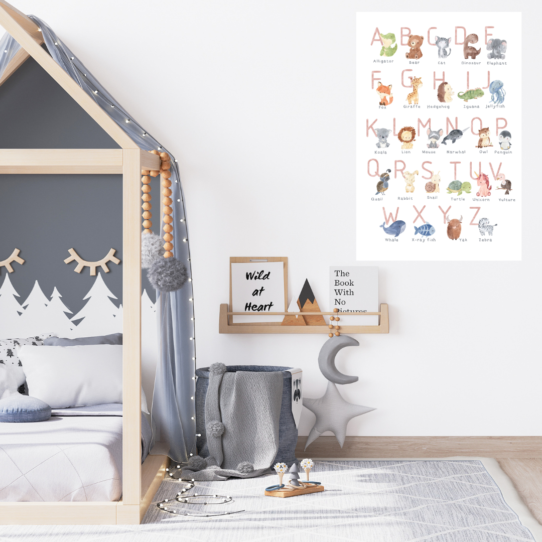Mini Me & Co ABC Animal Alphabet removable wall decal featuring colourful illustrated animals for each letter, made from eco-friendly, repositionable fabric.