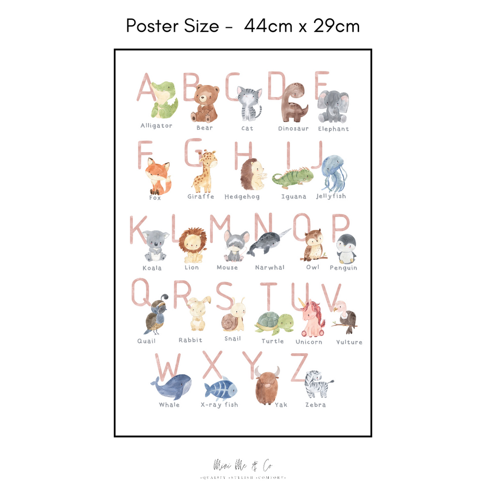 Bright and playful ABC Animal Alphabet wall decal by Mini Me & Co, removable and reusable, perfect for decorating kids’ rooms and learning the alphabet.