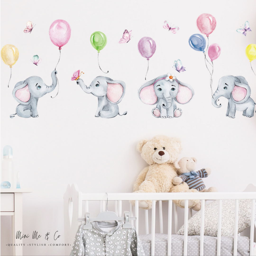Whimsical baby elephant wall decal, perfect for decorating nurseries and kids' rooms