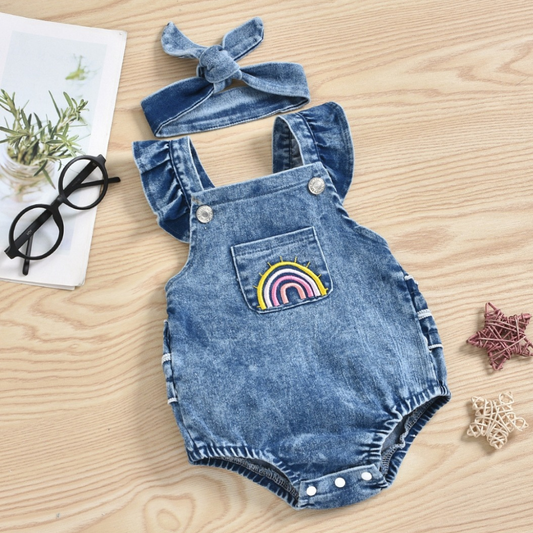 Denim Rainbow Romper with matching Headband