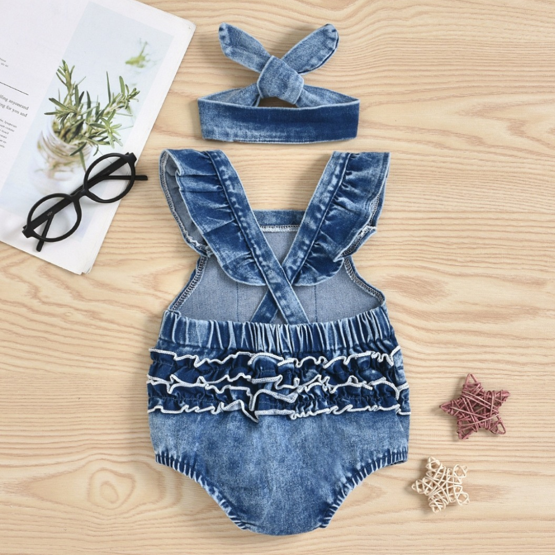 Denim Rainbow Romper with matching Headband