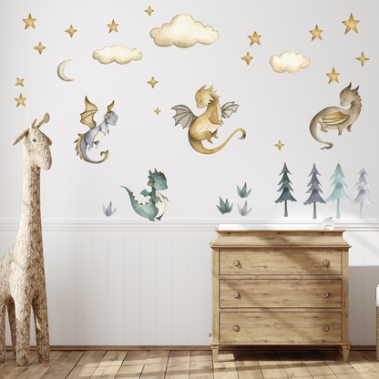 Dragon Tales removable wall decals featuring dragons, stars, trees, and clouds for kids' rooms.