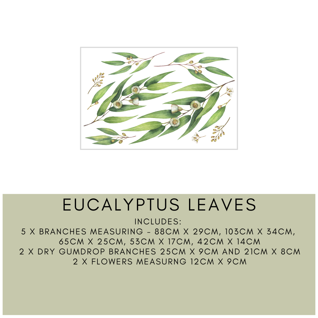 Botanical eucalyptus leaves wall stickers, perfect for creating a serene and stylish nursery wall design