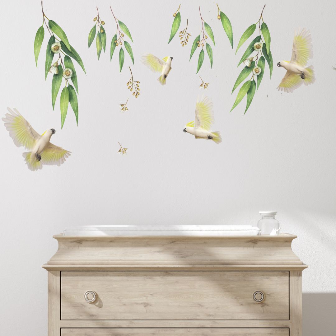 Eucalyptus leaves removable wall decals with detailed cockatoos, perfect for nursery and kids' room decor."