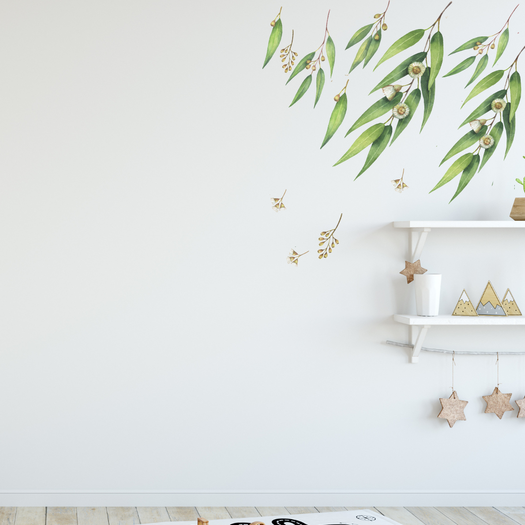 Eucalyptus leaves removable wall decals for a calming, nature-inspired nursery or kids' room decor.