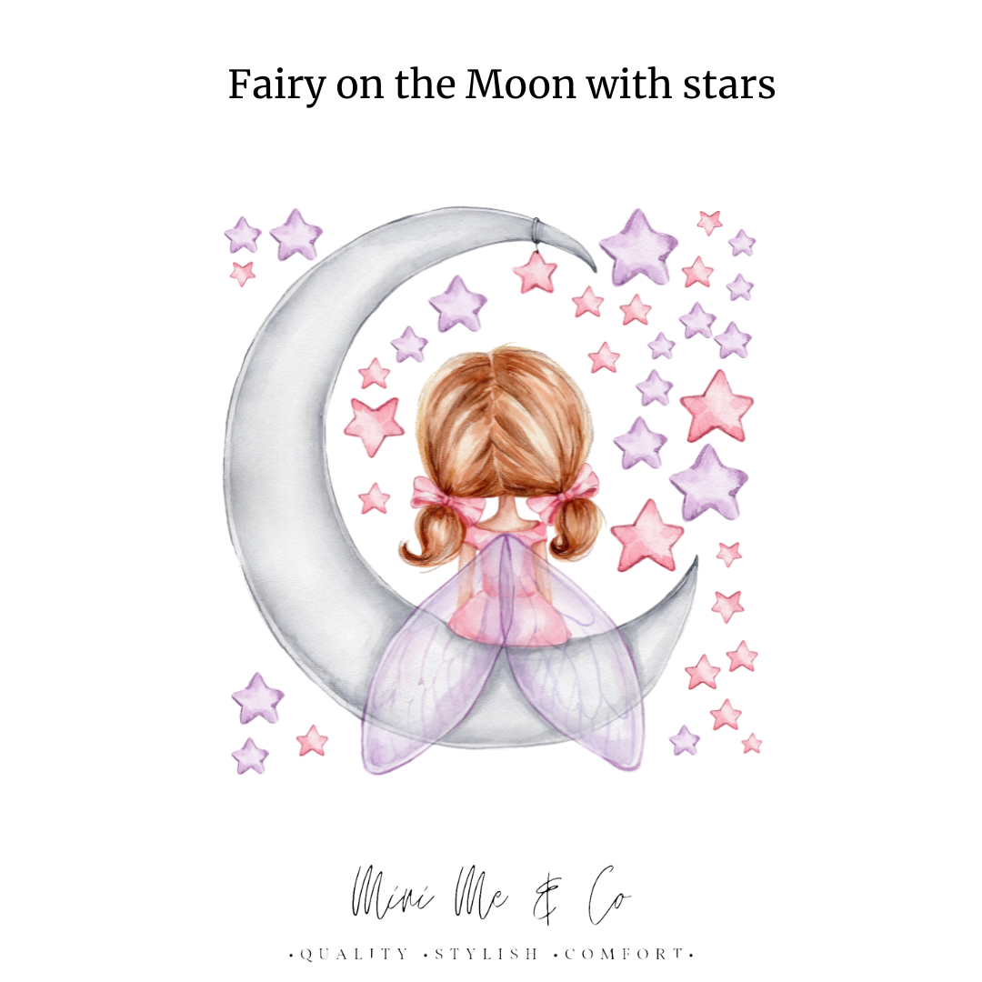 Fairy on the moon and stars fabric decals, designed to fit perfectly in kids' rooms and nurseries.