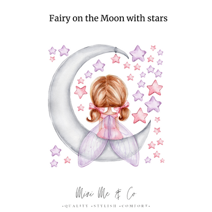 Fairy on the moon and stars fabric decals, designed to fit perfectly in kids' rooms and nurseries.