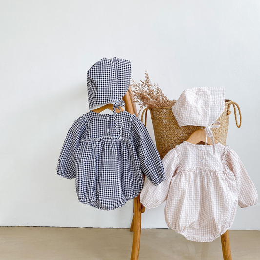 Gingham Romper with Matching Hat