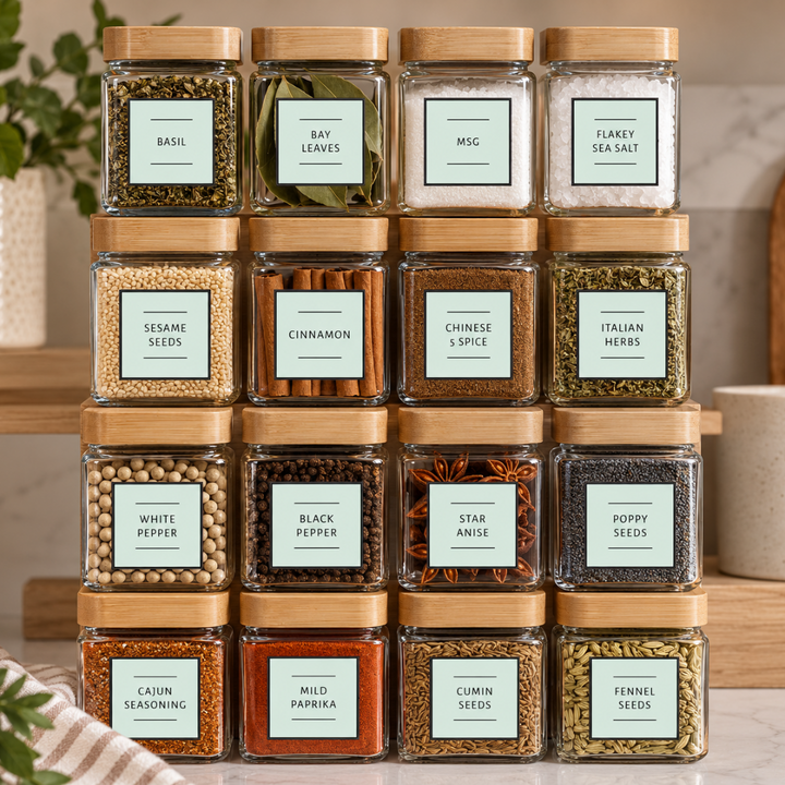 Personalised Spice Labels – Two-Line Square Vinyl Stickers (Pack of 20)
