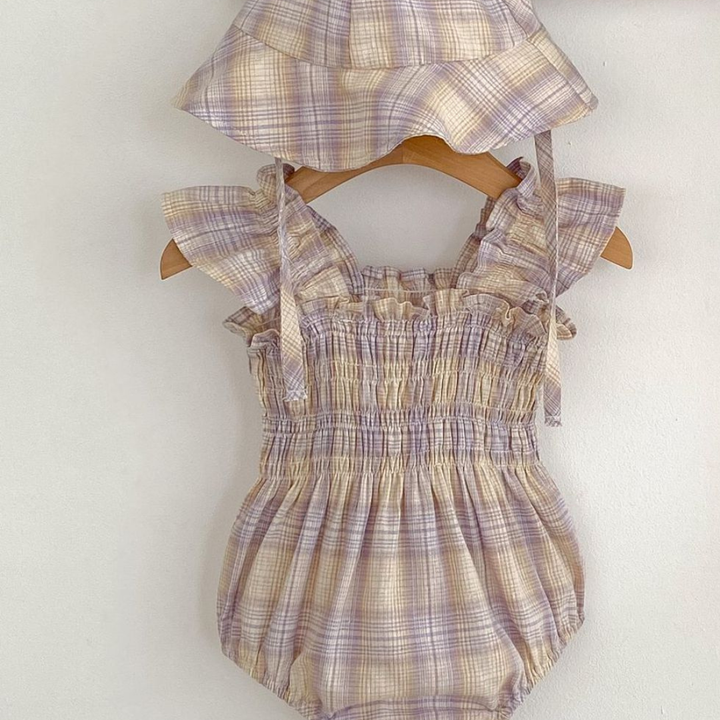 Baby Plaid Romper & Sun Hat Set – Pink or Purple