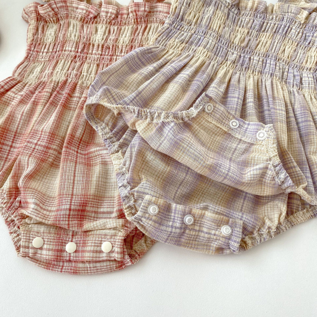 Baby Plaid Romper & Sun Hat Set – Pink or Purple