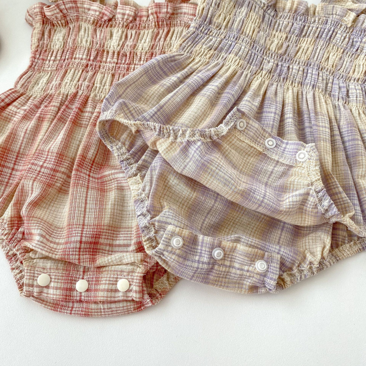Baby Plaid Romper & Sun Hat Set – Pink or Purple