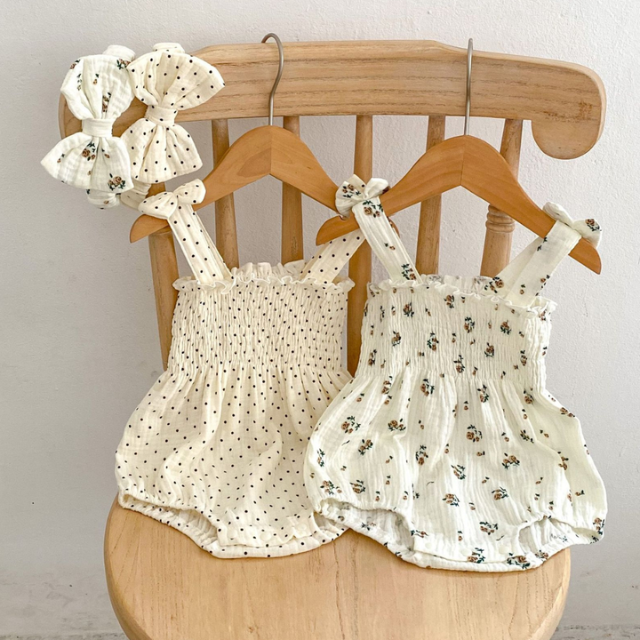 Baby Muslin Romper & Matching Headband Set – Spotty or Floral