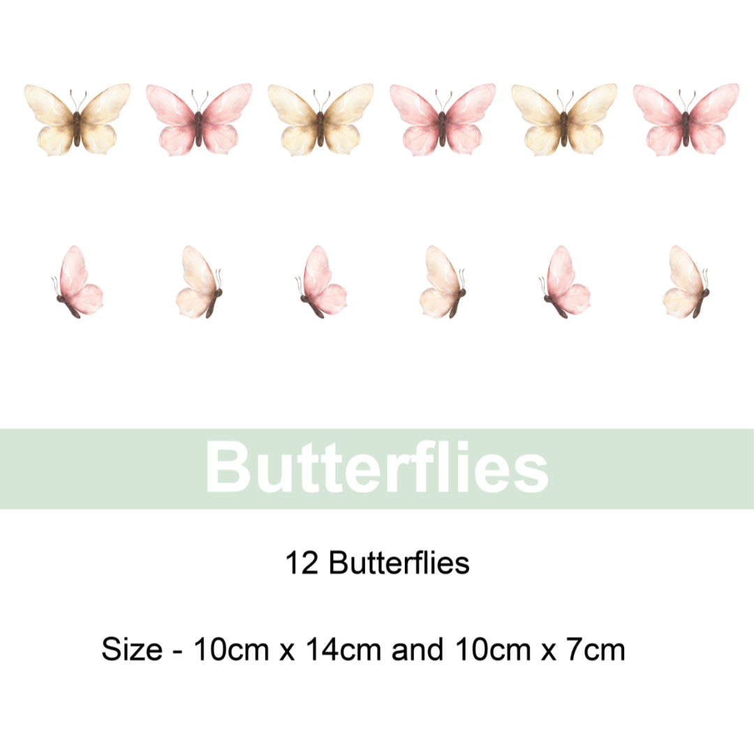 Butterfly wall decals by Mini Me & Co, removable nursery wall stickers in a pack of 12, safe, non-toxic, and repositionable for custom room decor.