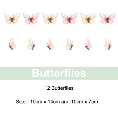 Butterfly wall decals by Mini Me & Co, removable nursery wall stickers in a pack of 12, safe, non-toxic, and repositionable for custom room decor.