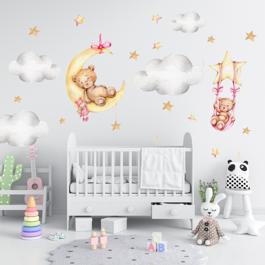 Pink Sleepy Bear and Swinging Teddy Wall Decal Package