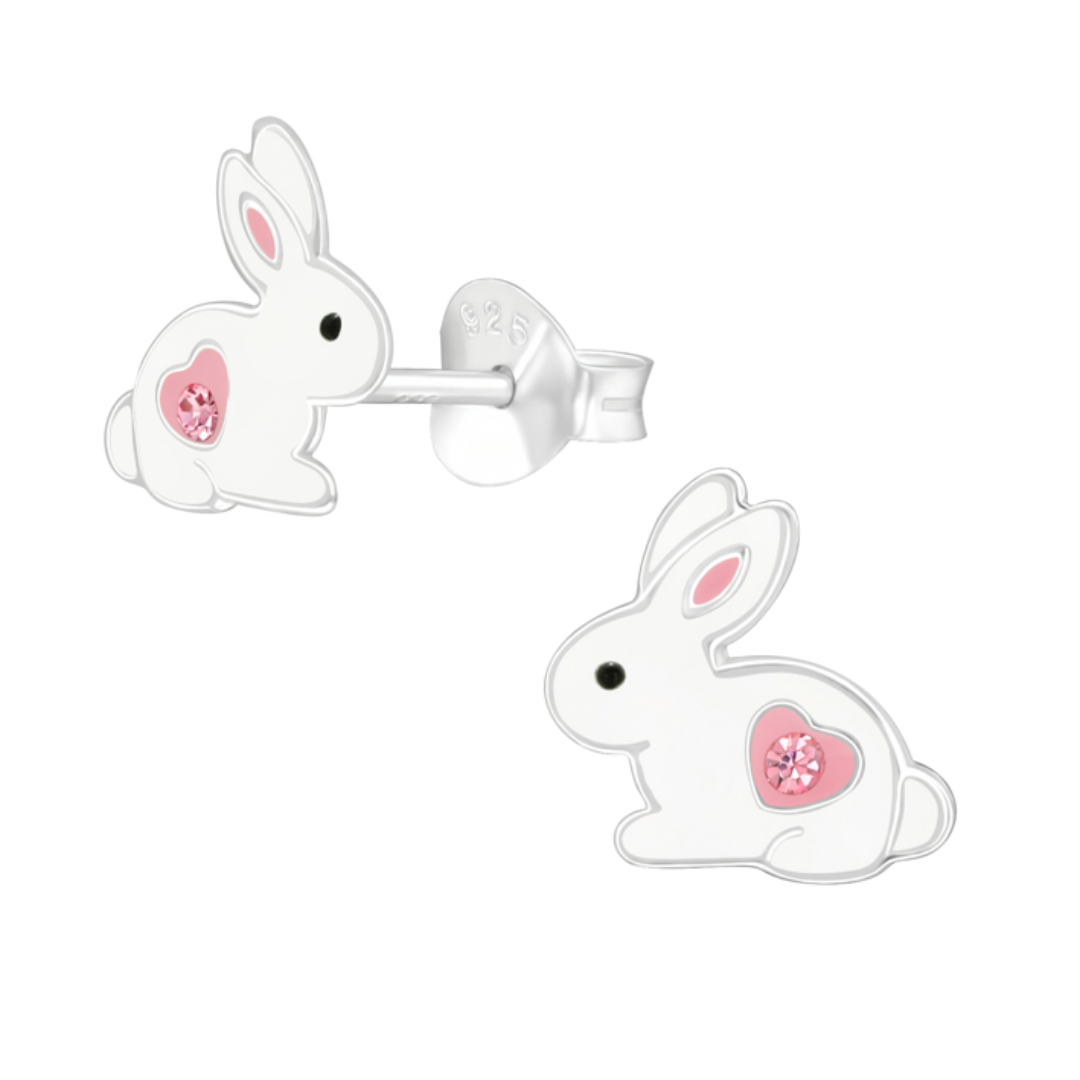 Close-up of Bunny Heart Sterling Silver Earrings featuring a playful bunny and heart design, crafted from 925 Sterling Silver with white, pink, and black epoxy detailing, accented by two sparkling crystals.