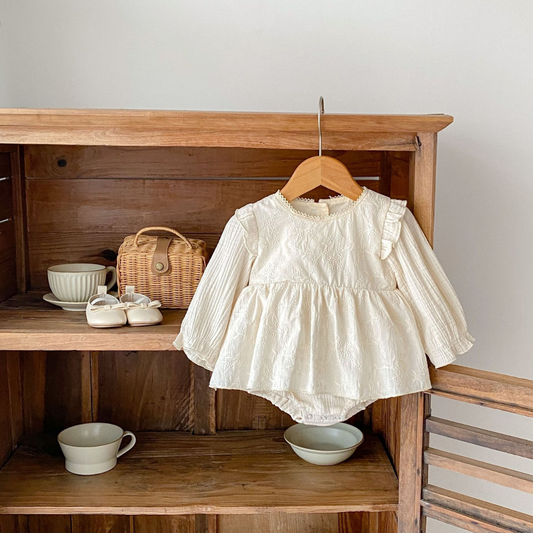 Embroidered Long Sleeve Baby Romper – 100% Cotton in Soft Cream