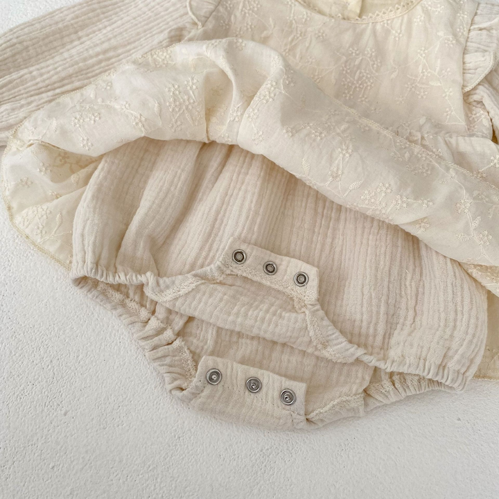 Embroidered Long Sleeve Baby Romper – 100% Cotton in Soft Cream