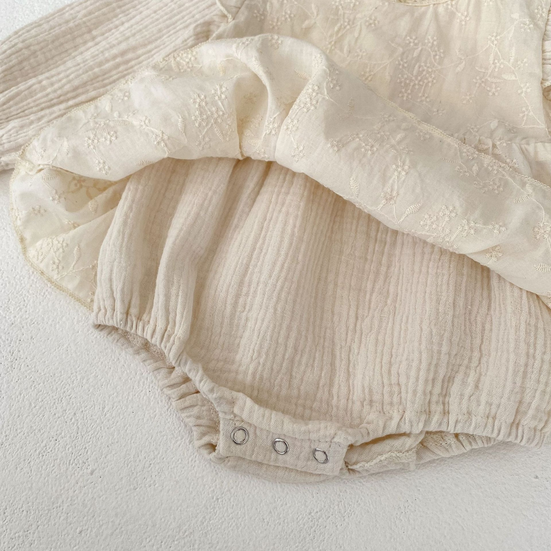 Embroidered Long Sleeve Baby Romper – 100% Cotton in Soft Cream