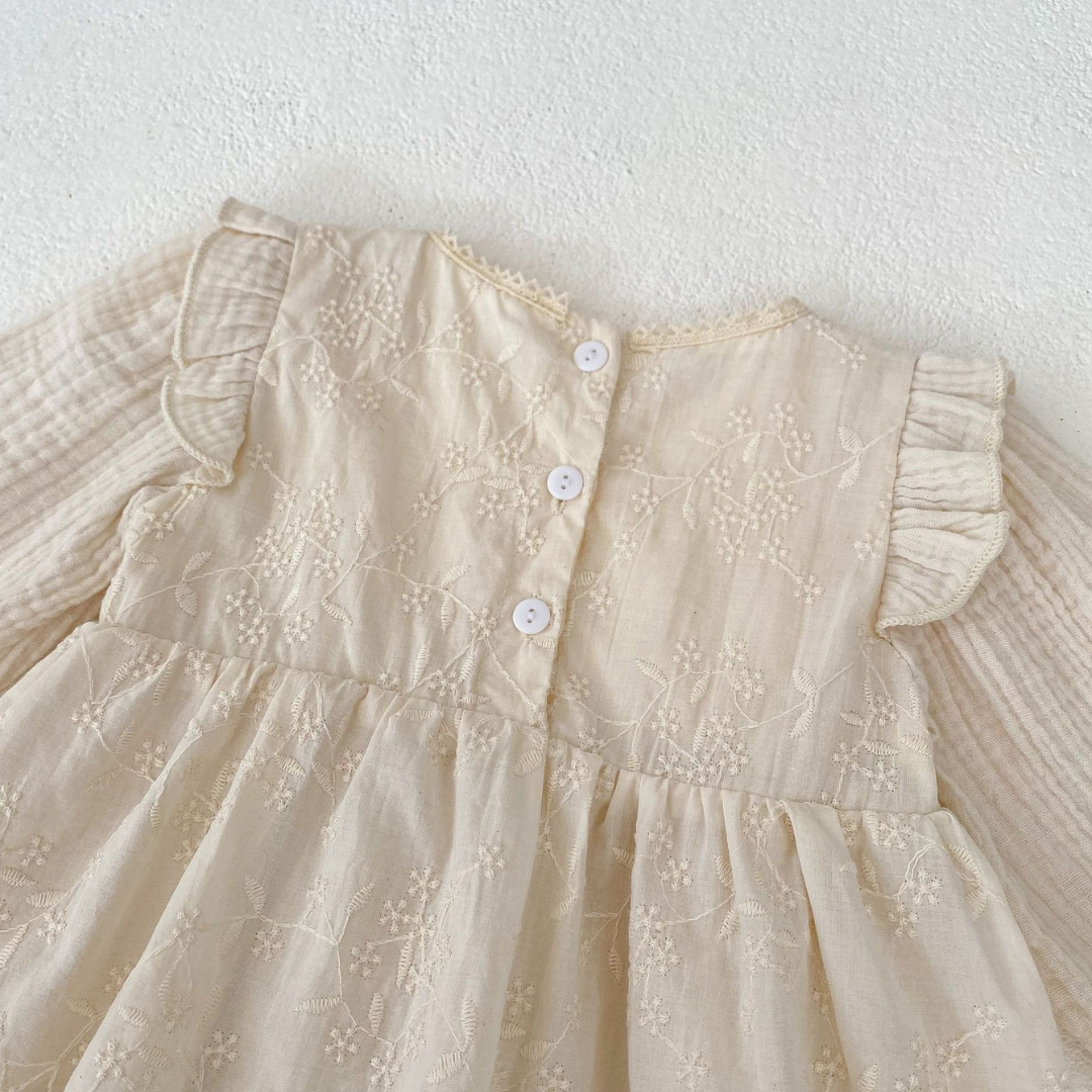 Embroidered Long Sleeve Baby Romper – 100% Cotton in Soft Cream