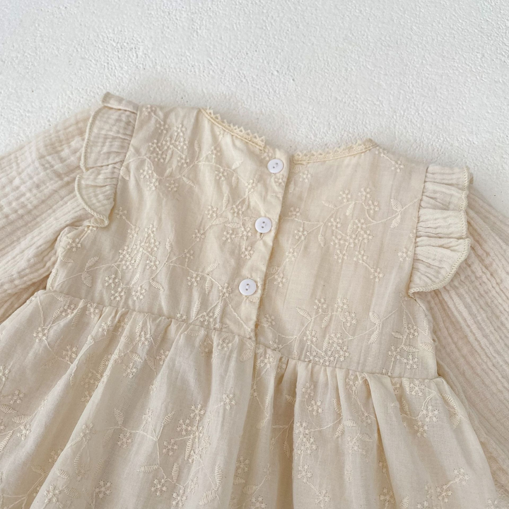 Embroidered Long Sleeve Baby Romper – 100% Cotton in Soft Cream