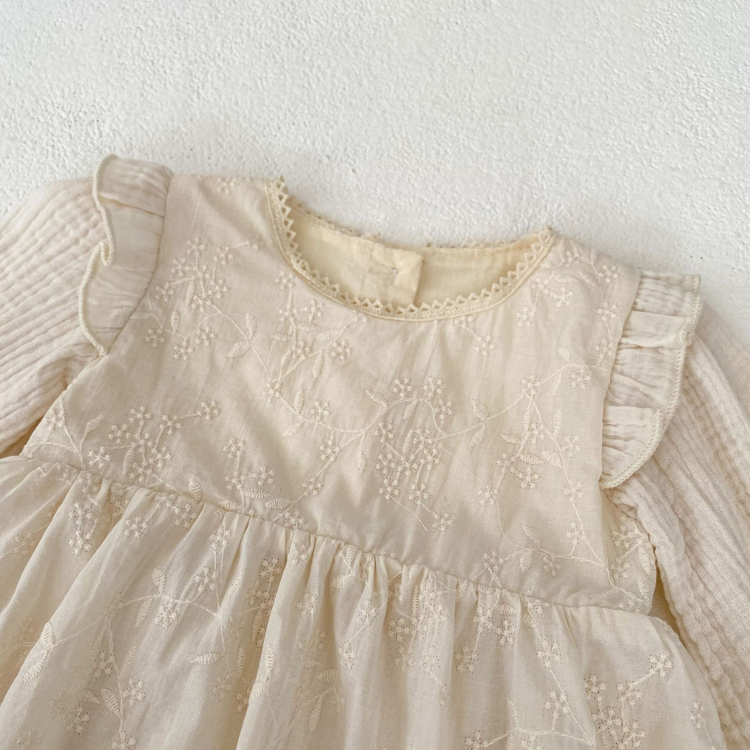 Embroidered Long Sleeve Baby Romper – 100% Cotton in Soft Cream