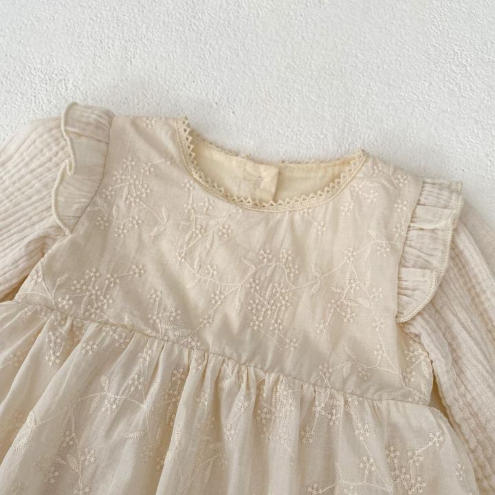Embroidered Long Sleeve Baby Romper – 100% Cotton in Soft Cream