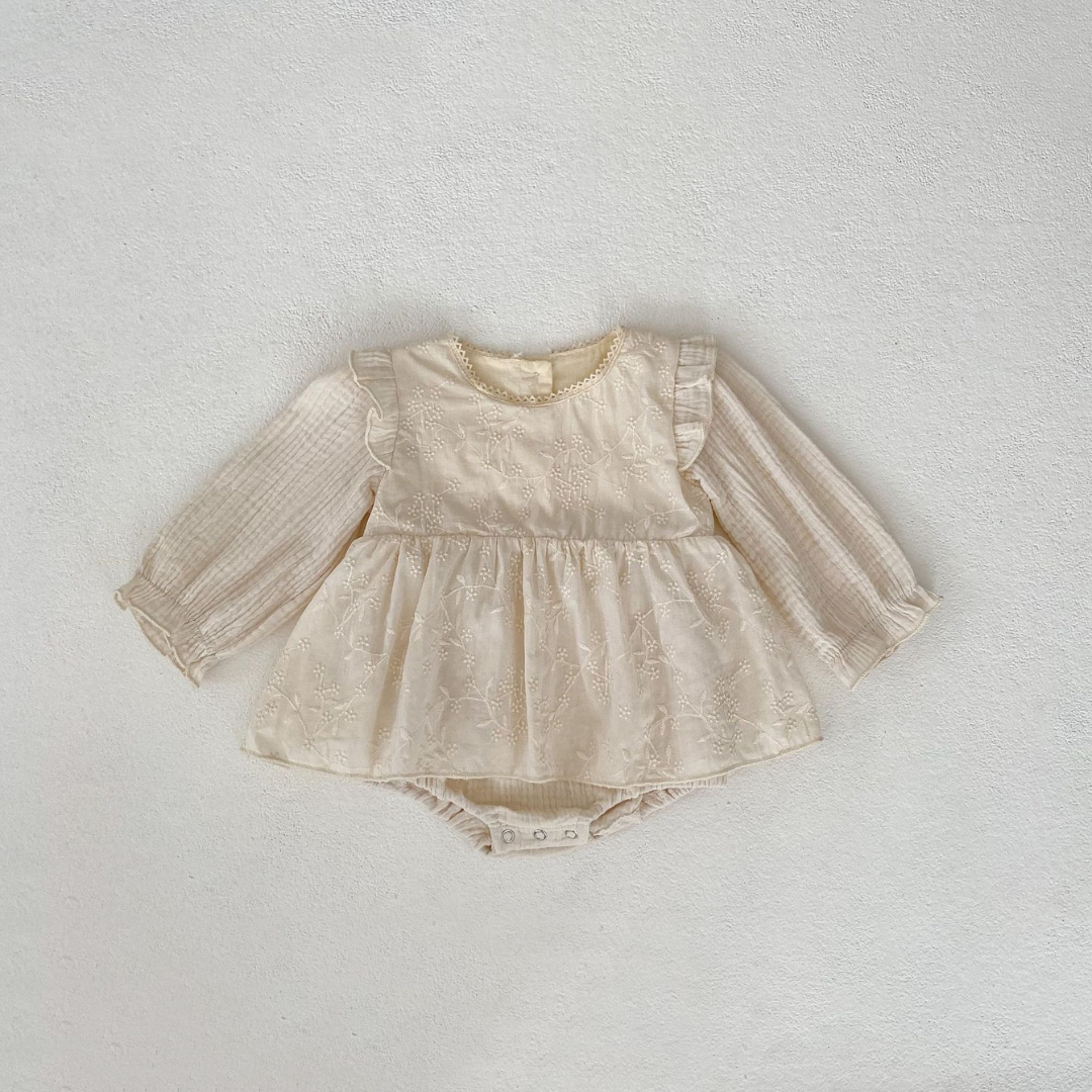 Embroidered Long Sleeve Baby Romper – 100% Cotton in Soft Cream