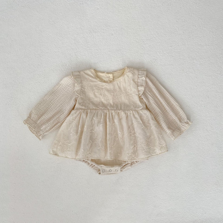 Embroidered Long Sleeve Baby Romper – 100% Cotton in Soft Cream