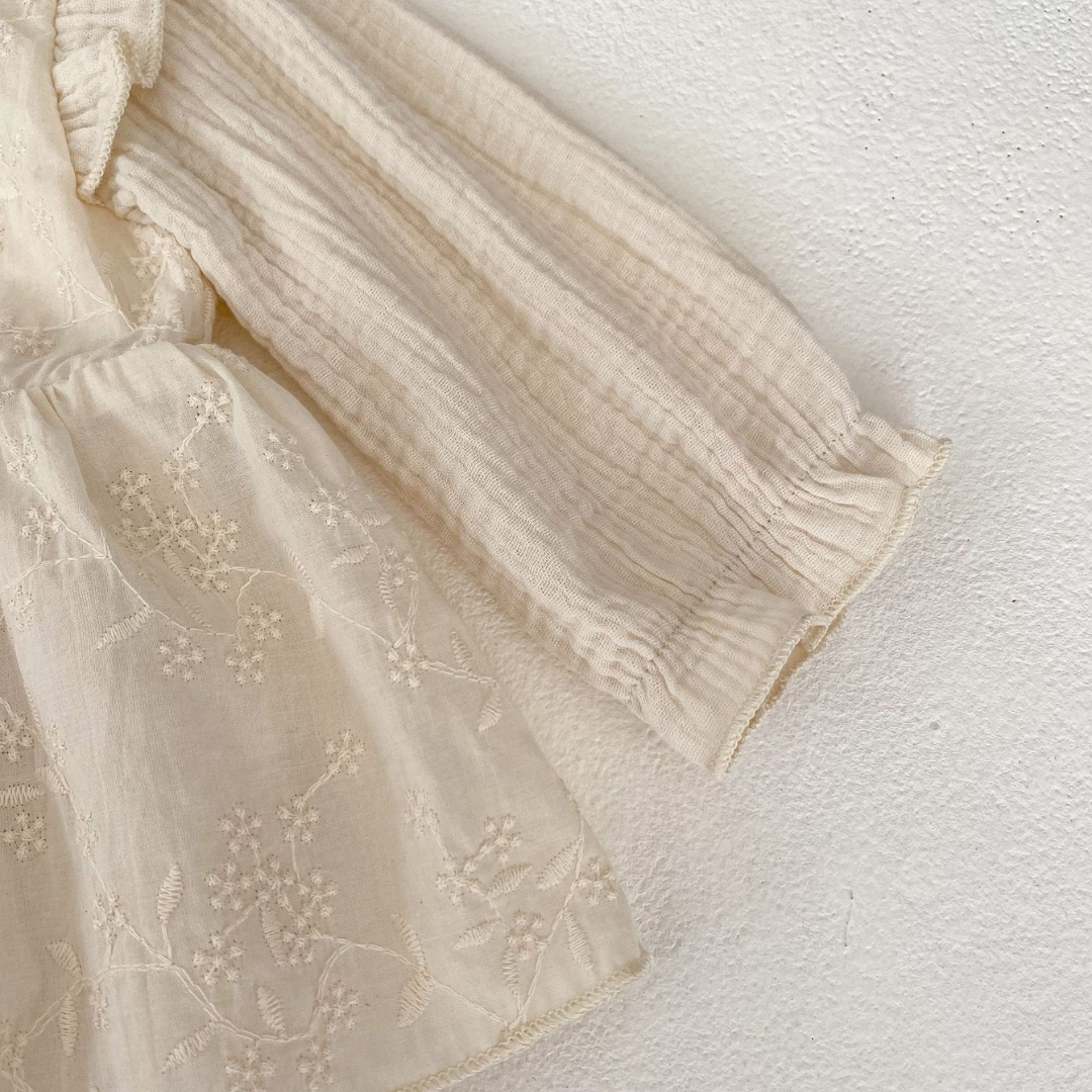 Embroidered Long Sleeve Baby Romper – 100% Cotton in Soft Cream
