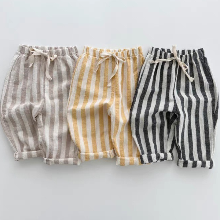 Kids Linen Striped Pants – Black, Grey & Yellow