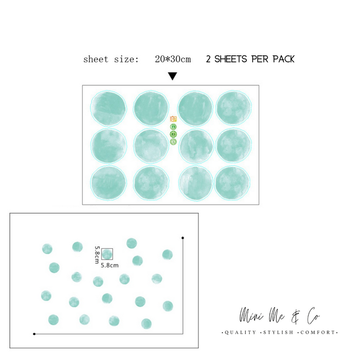 Mini Me & Co's Aqua Polka Dot Decals showcase vibrant aqua dots that add a whimsical touch to your child's room. Ideal for creating a playful environment, these removable wall stickers are safe and easy to apply.