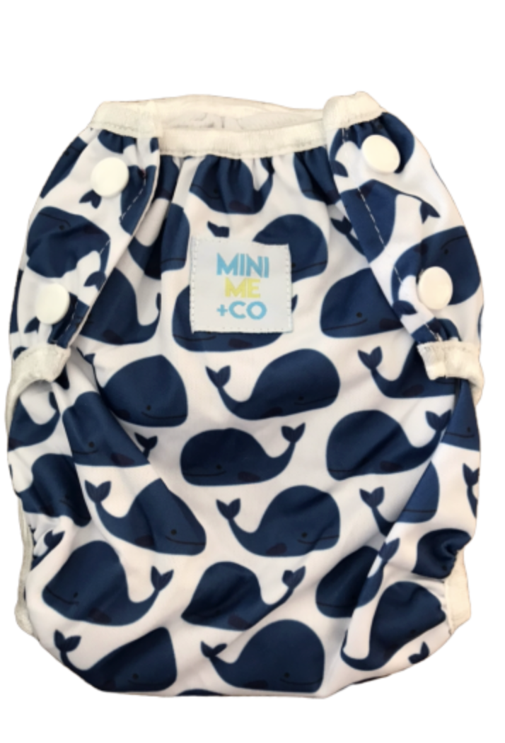 Whale-themed large reusable swim nappy by Mini Me & Co, with soft mesh lining and adjustable fit for babies and toddlers.