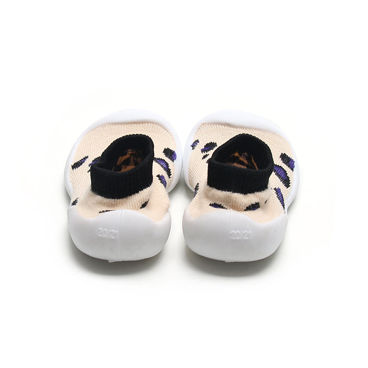 Leopard print brown and black sock shoes for kids, featuring a non-slip rubber sole for added stability.