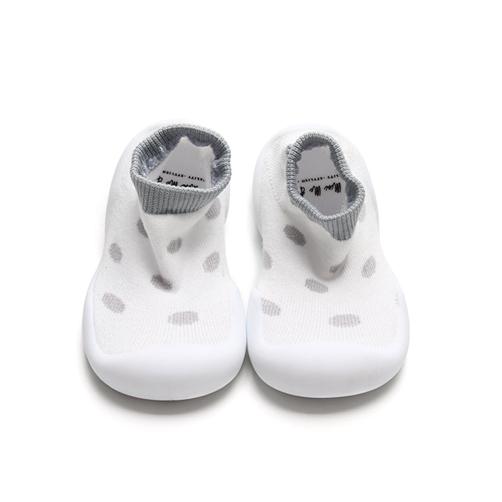 White and grey leopard print sock shoes for kids with a soft cotton upper and flexible non-slip rubber sole.