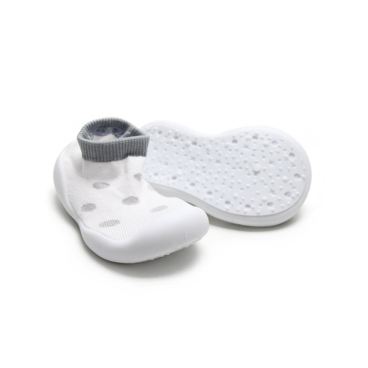 White and grey leopard print sock shoes for pre walkers, designed with a breathable and flexible fit.