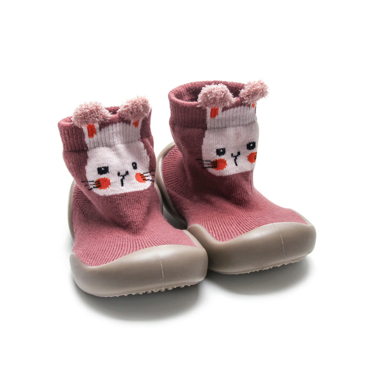 Adorable Happy Bunny high top sock shoes, perfect for first walkers with seamless comfort."
