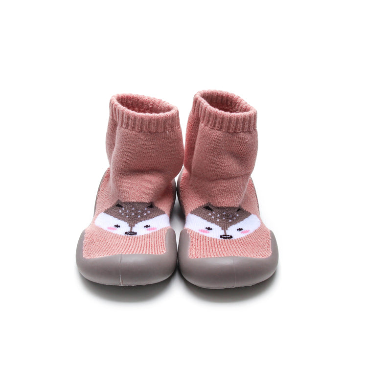 Pink fox high top sock shoes for kids with soft cotton upper and non-slip rubber sole.