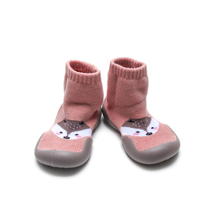 Adorable pink fox high top sock shoes, perfect for first walkers with seamless fit.