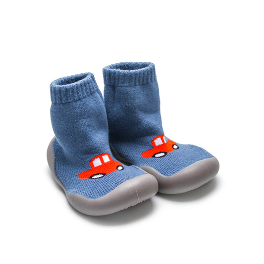 Blue Car high top sock shoes for kids with flexible, non-slip rubber sole.