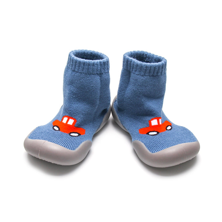 Soft and breathable Blue Car sock shoes for first walkers, with high top design.