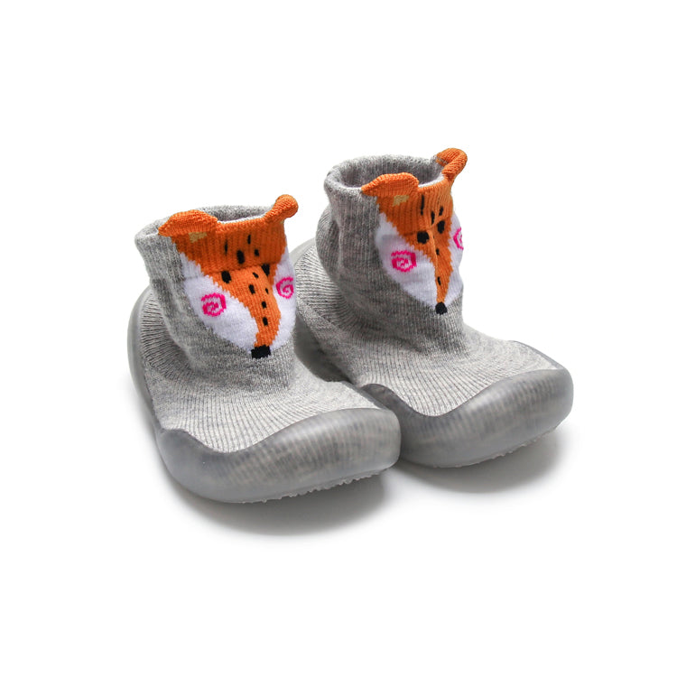 Grey fox high top sock shoes for kids, featuring seamless design and non-slip rubber sole for stability.